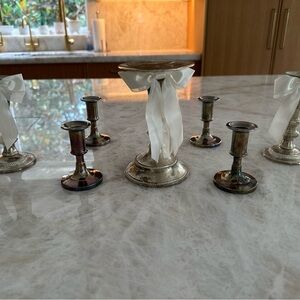 Elegant Silver Candle Holder Set with White Ribbon vintage plated silver